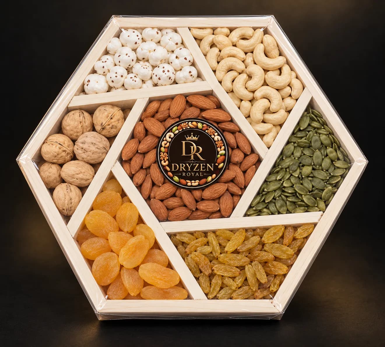 Hexagonal Dry Fruit Gift Box – 7 Compartments | Dryzen Royal – hexagonal dry fruit box