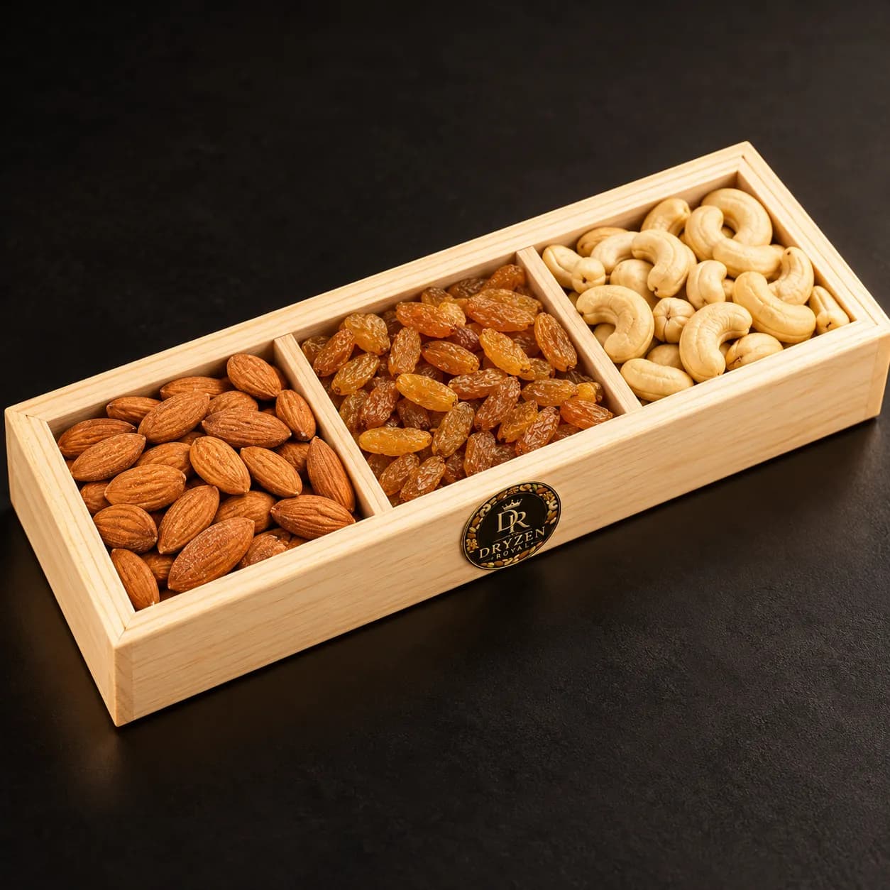 Long Wooden Dry Fruit Gift Box – 3 Compartments | Dryzen Royal – 3 compartment dry fruit box