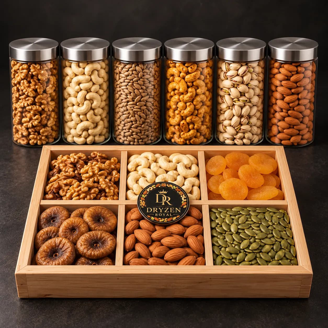 Dry Fruit Jars & Wooden Box Hamper | Dryzen Royal – dry fruit jars hamper