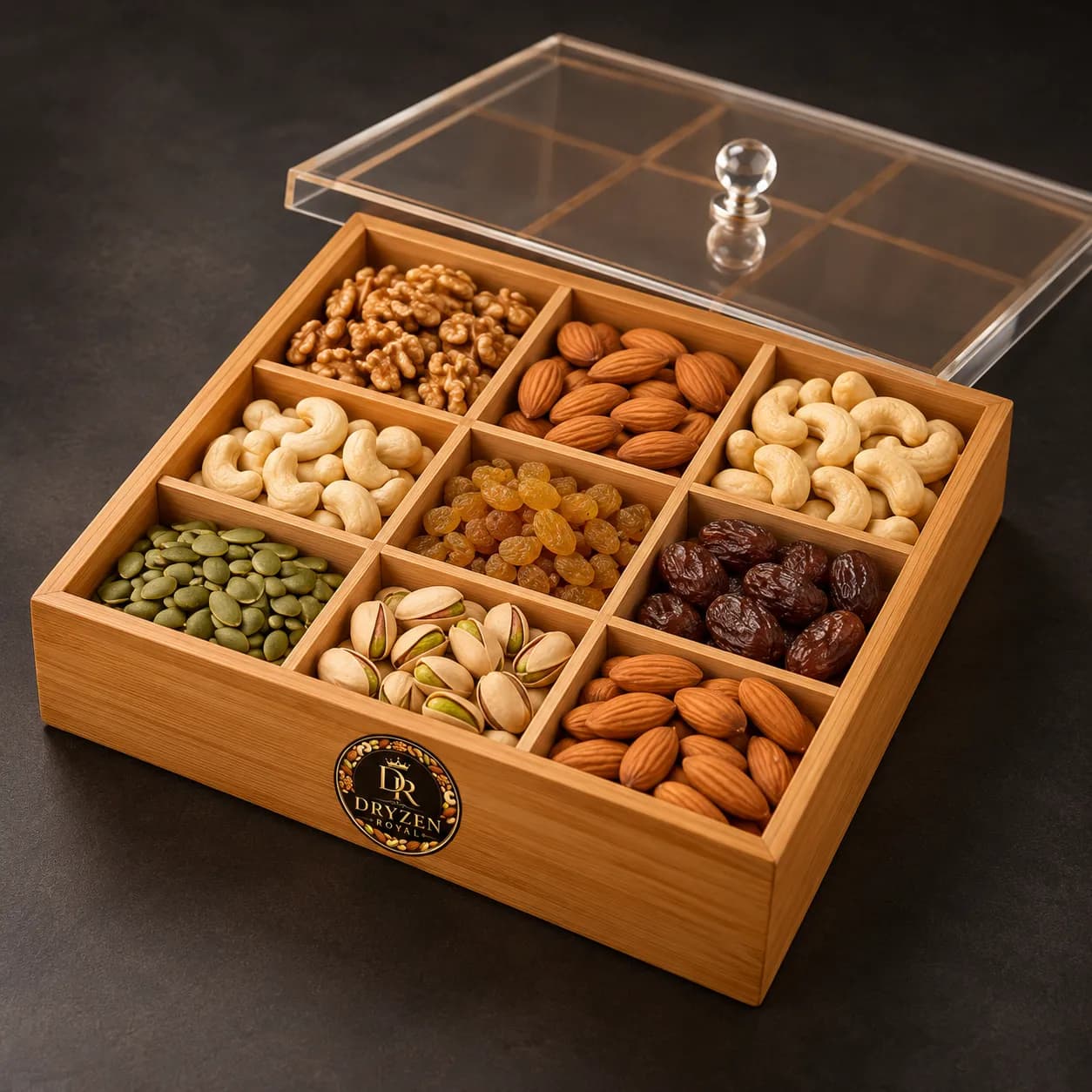 Square Wooden Dry Fruit Gift Box – 9 Compartments | Dryzen Royal – 9 compartment dry fruit box